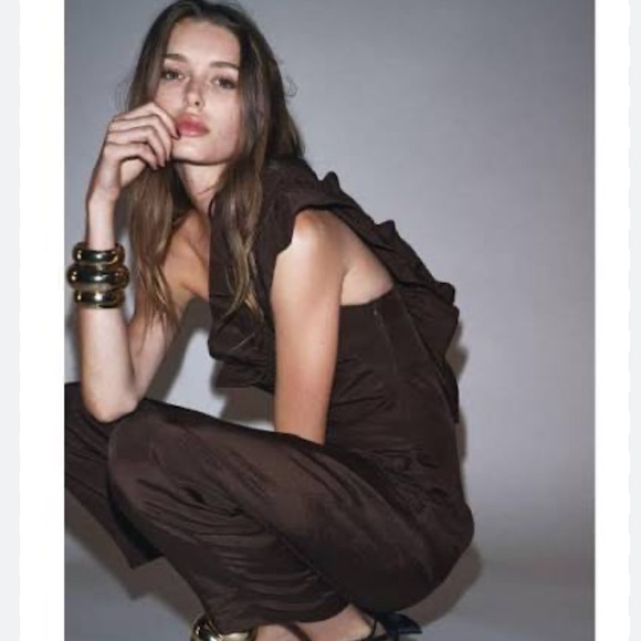 Zara NWT brown asymmetrical linen blend ruffle jumpsuit 8460/501 - Picture 5 of 7